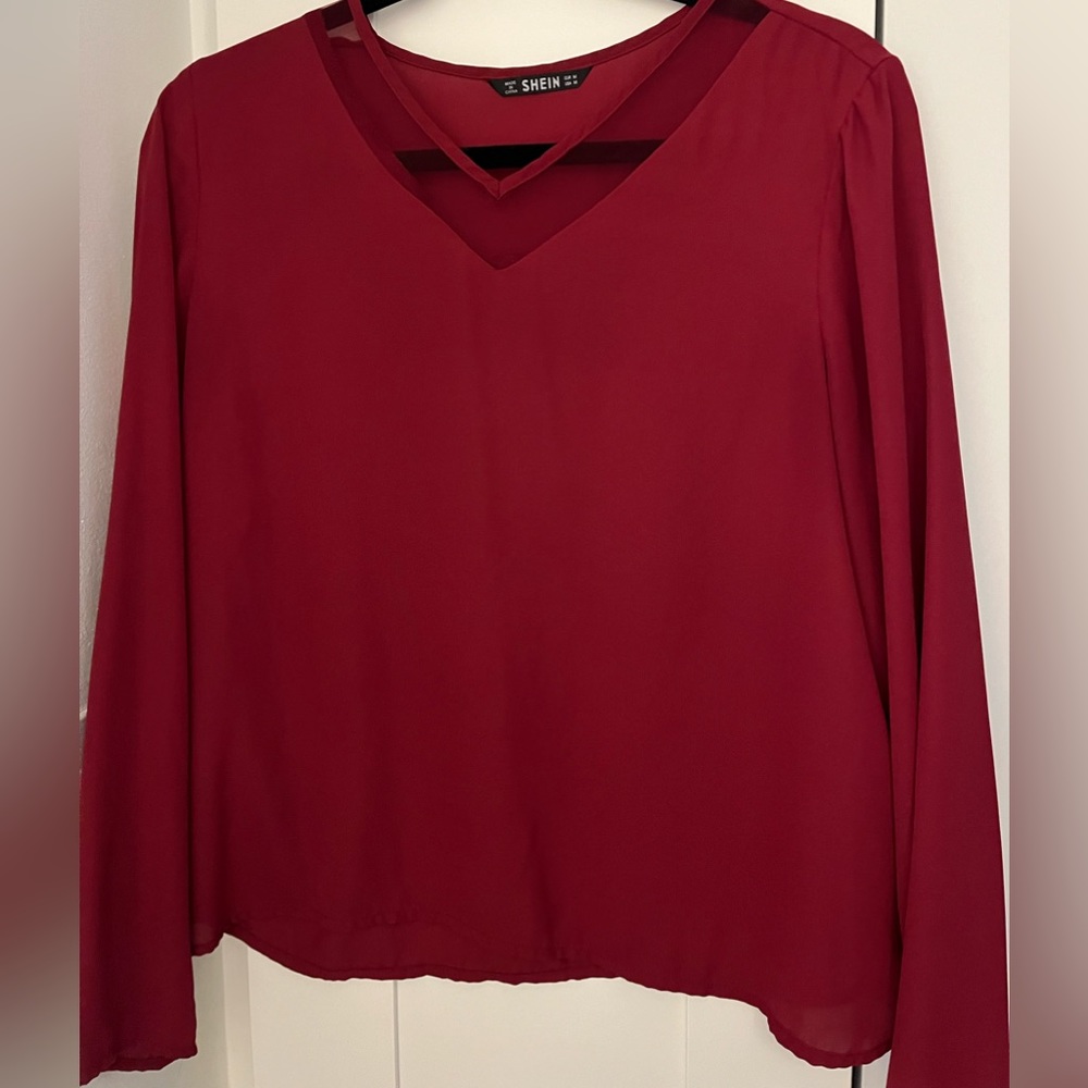 Vneck mesh insert long sleeve blouse